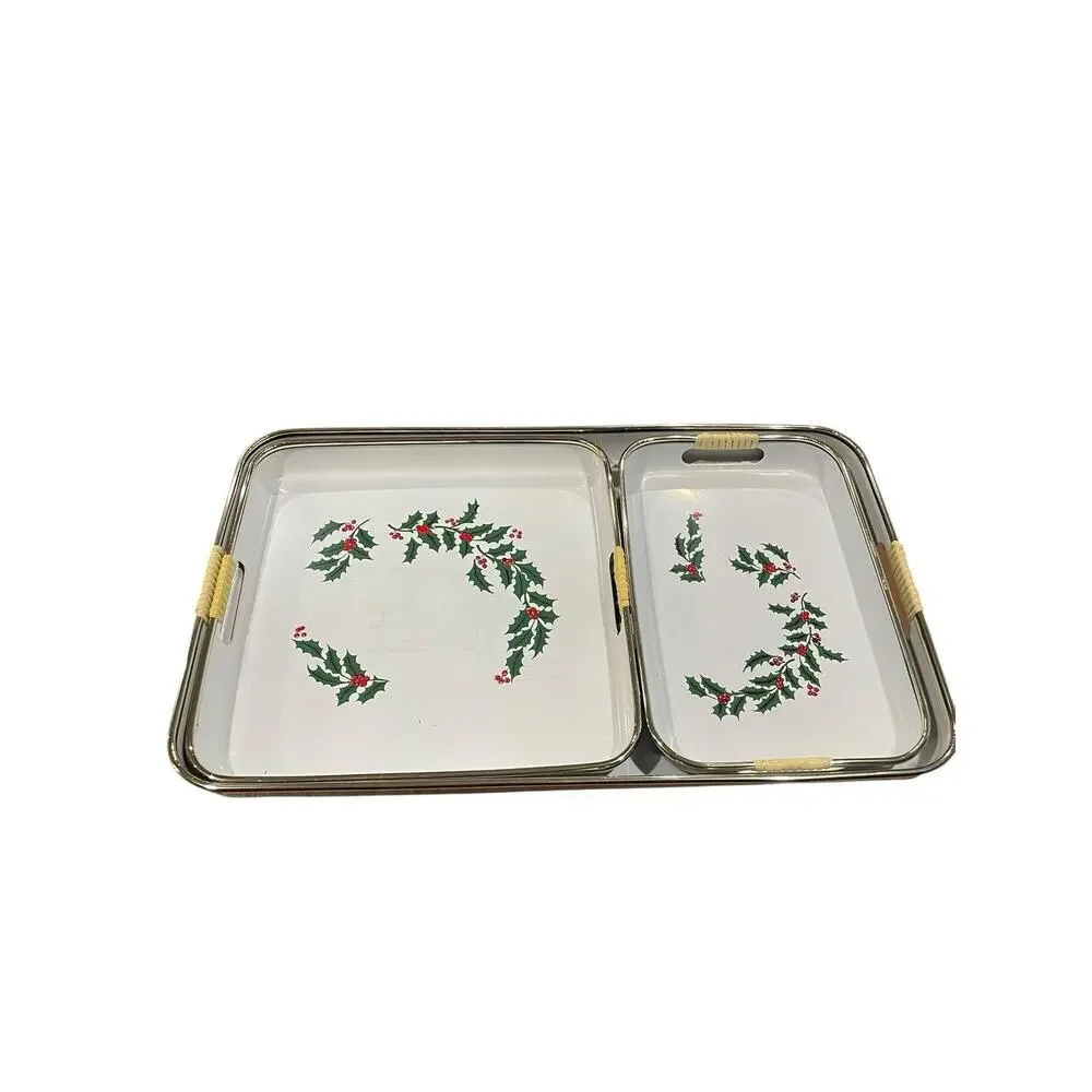 Vintage Holly Berries Serving Trays Set of 3 Nesting Holiday Trays Japanese